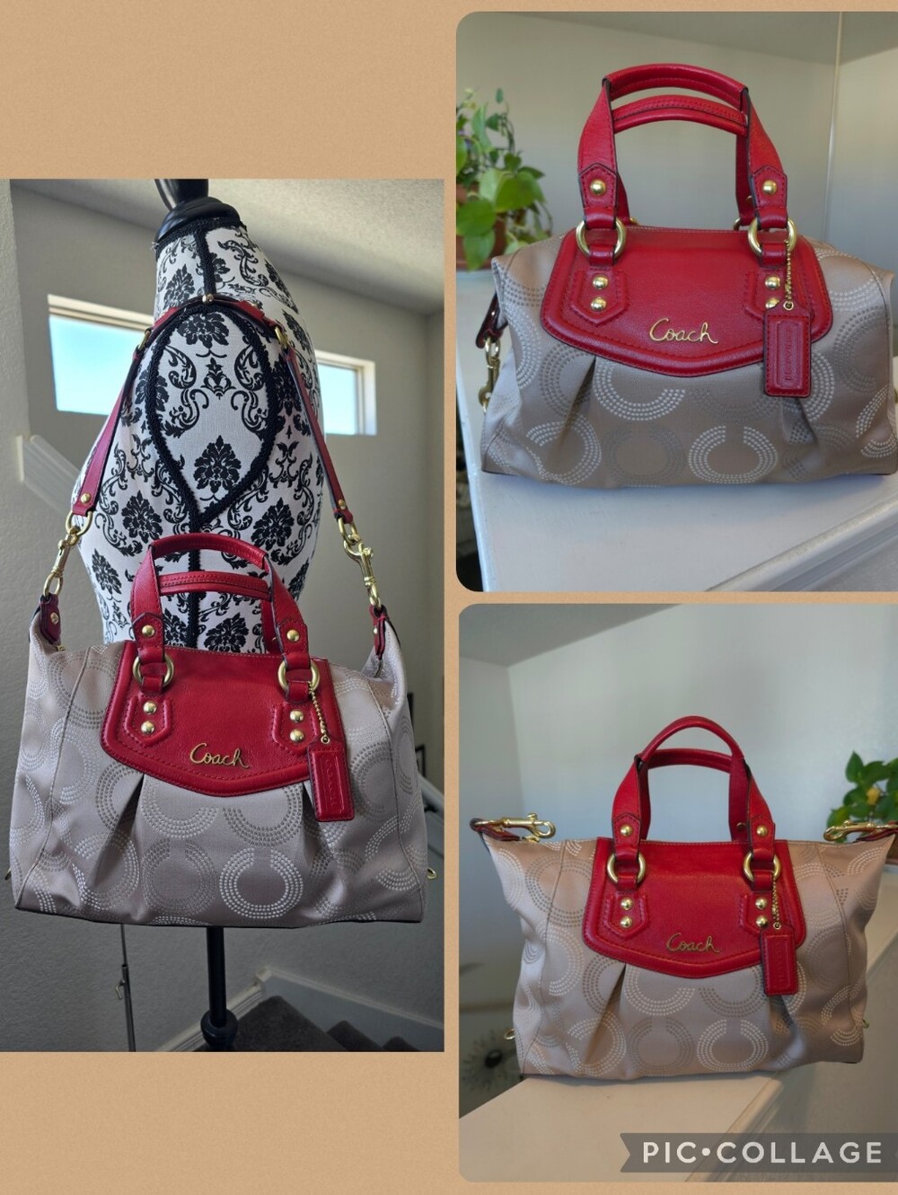 Coach Ashley Dotted Op Art Beige Red Carryall Satchel #F20027